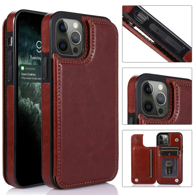 For IPhone 14 Pro MaxWallet Case With Card Holder, PU Faux Leather Kickstand Card Slots Case, Double Magnetic Clasp And Durable Shockproof Cover