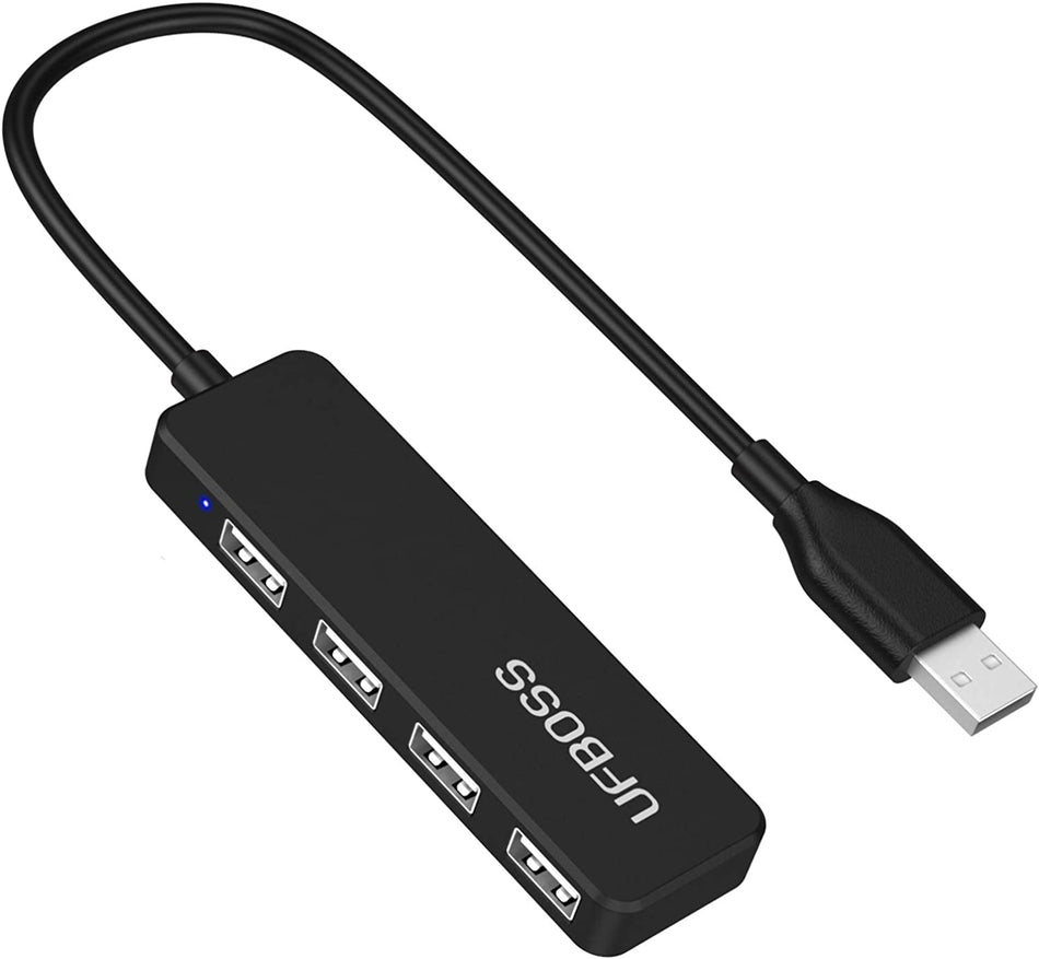 UFBOSS Ultra Slim 4 Port USB 2.0 Data Hub, 1Ft Long Cable USB Splitter for Laptop, Dell, Asus, HP, MacBook Air, Surface Pro, Acer, Xbox, Flash Drive, HDD, Console, Printer, Camera