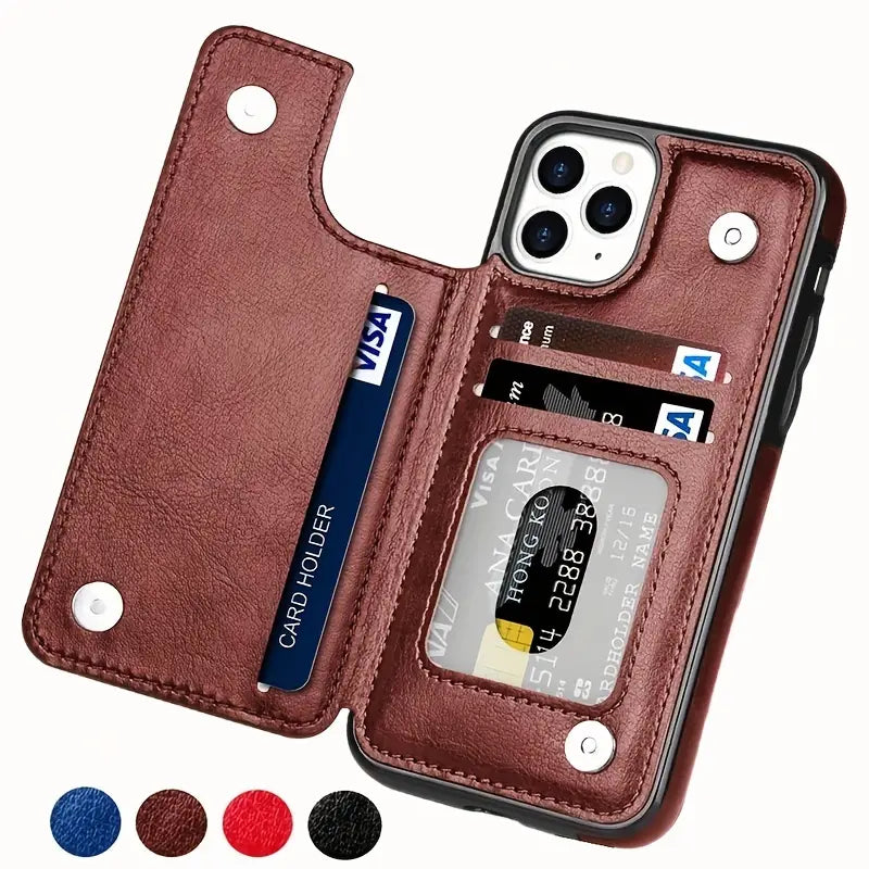 IPhone 14 Pro Case With Card Holder, PU Faux Leather Kickstand Card Slots Case, Double Magnetic Clasp And Durable Shockproof Cover
