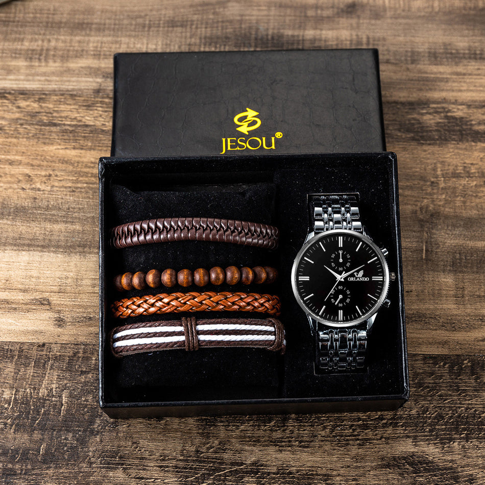 5PCS/Set Fashion Watches Set men Bussiness Steel Band Watch Quartz Sport Wristwatch With Various Woven Hand Ropes bracelet Sets Box
