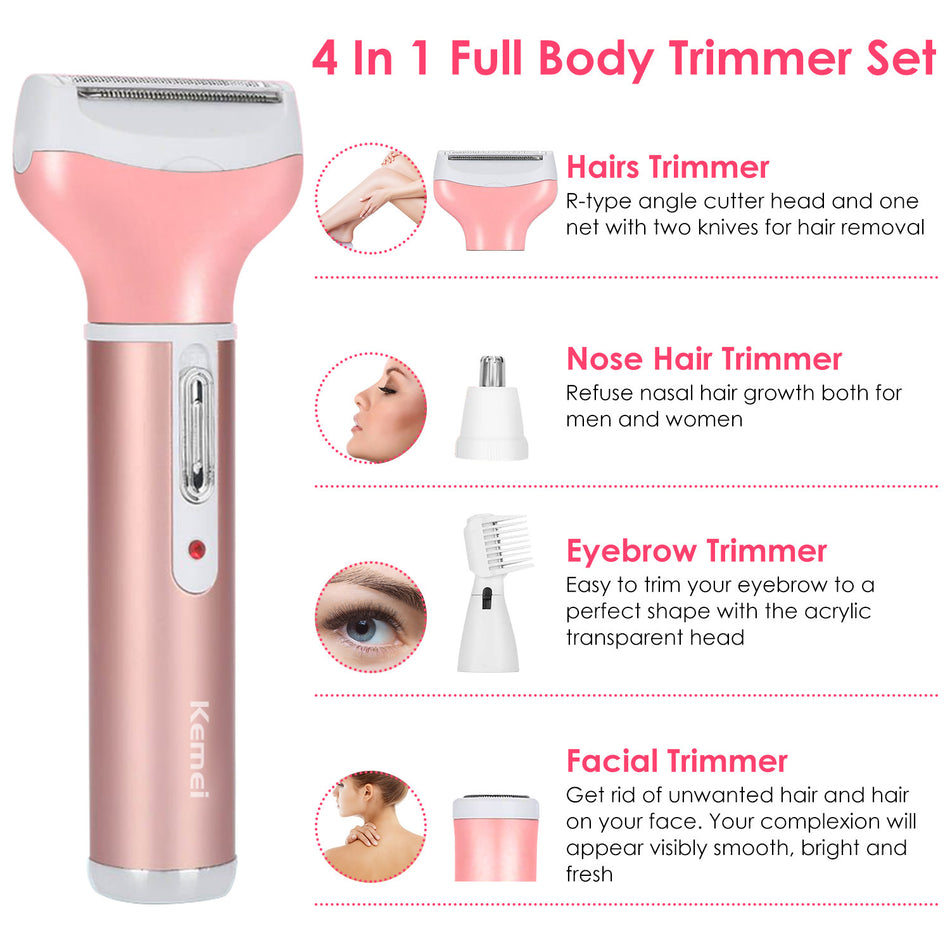 4 In 1 Women Electric Shaver Painless Rechargeable Hair Remover Eyebrow Nose Hair Cordless Trimmer Set