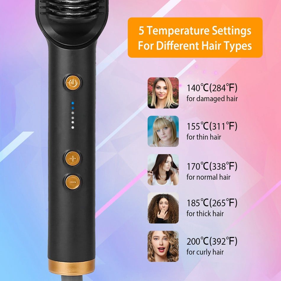 Electric Hair Straightener Brush Straightening Curler Brush Hot Comb 5 Temperature Adjustment 10S Fast Heating